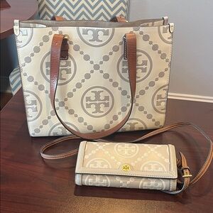 Tory Burch Cream and Tan Tote Bag with Wallet